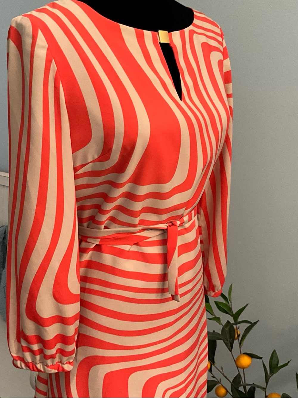 Size 6 Date Dress Tahari Orange Cream Long-Sleeve Mini Dress Work Dress - Picture 13 of 15